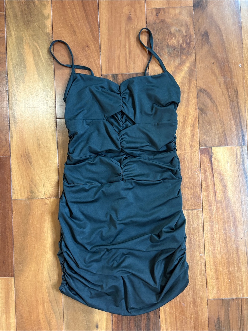 Black Ruched Spaghetti Strap Mini Dress